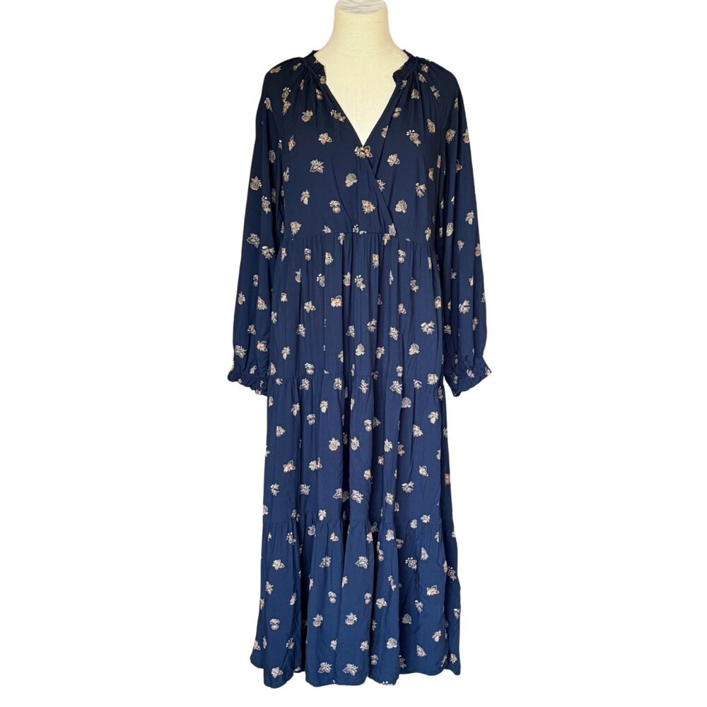 NWT Madewell Challis Long Sleeve Midi Maxi Navy Blue Floral V-Neck Tier Dress M